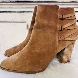 Franco Fortini Carly Tan Suede Leather Criss Cross Wooden Block Heel Boots Sz 10